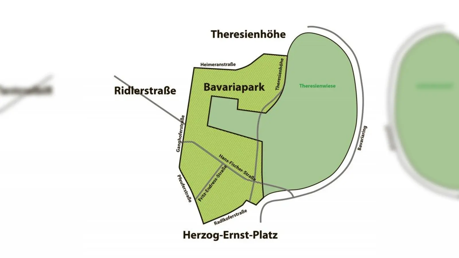 Der schraffierte Bereich soll in die bestehenden umliegenden Parklizenzgebiete einbezogen werden. Bisher gibt es hier, im Gebiet „Bavariapark”,  noch keine Parkraumbewirtschaftung. (Foto: Grafik: Rheena Gorisch)