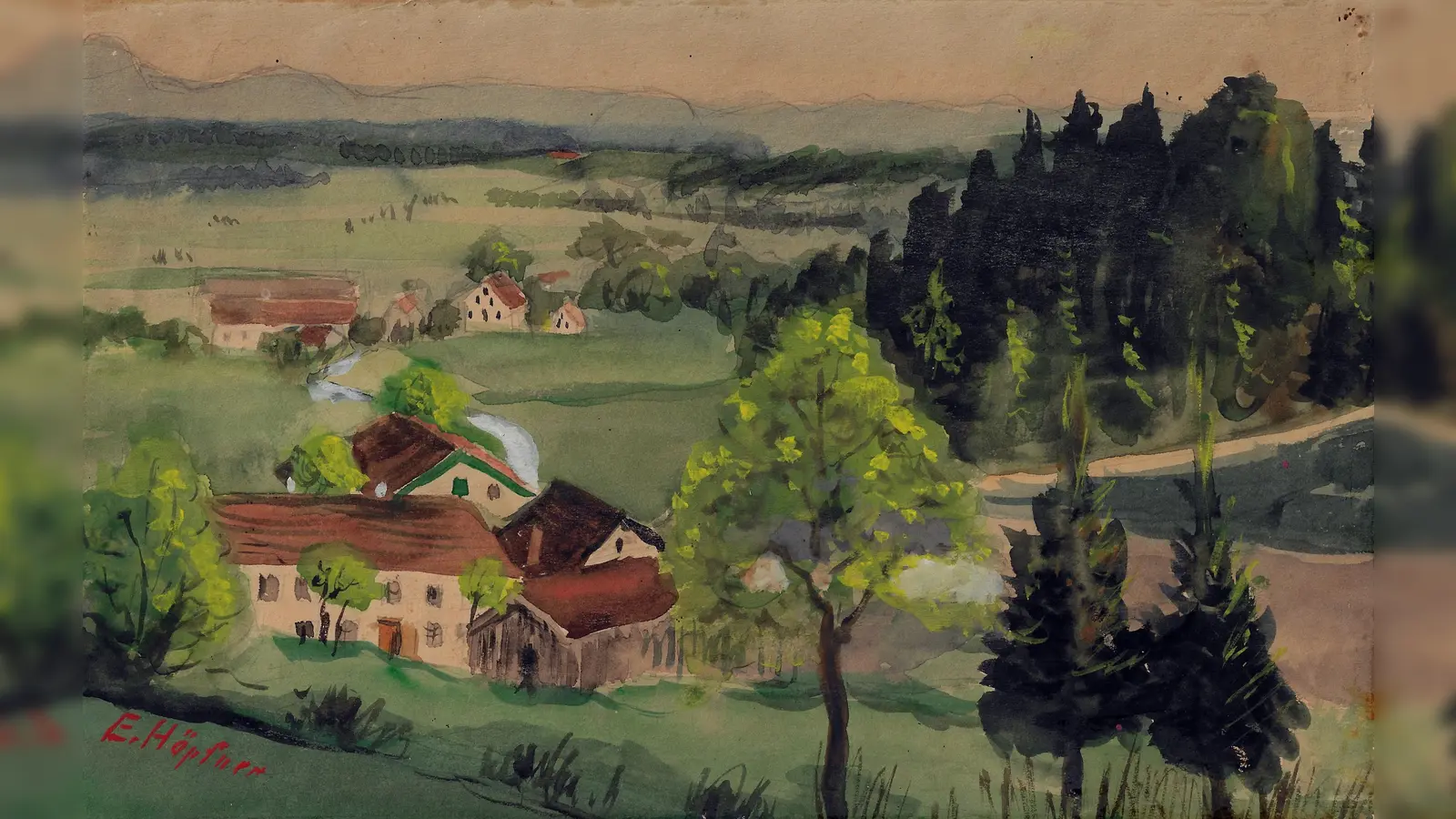 Das Atteltal mit Aiterndorf (Mitte, links) in einem von dem Grafinger Malermeister Emil Höpfner (1880-1933) vor 1925 geschaffenen Aquarell. (Foto: Archiv Stadtmuseum Grafing)