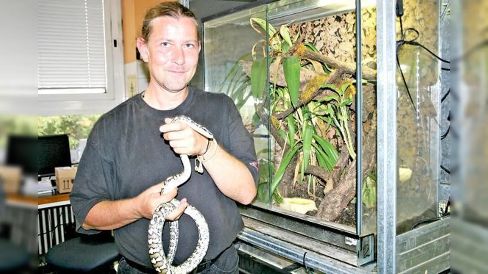 Markus Baur, Leiter der Reptilienauffangstation, mit einer Teppichpython, die die Behörden dem Halter wegnehmen mussten.	 (Foto: scy)
