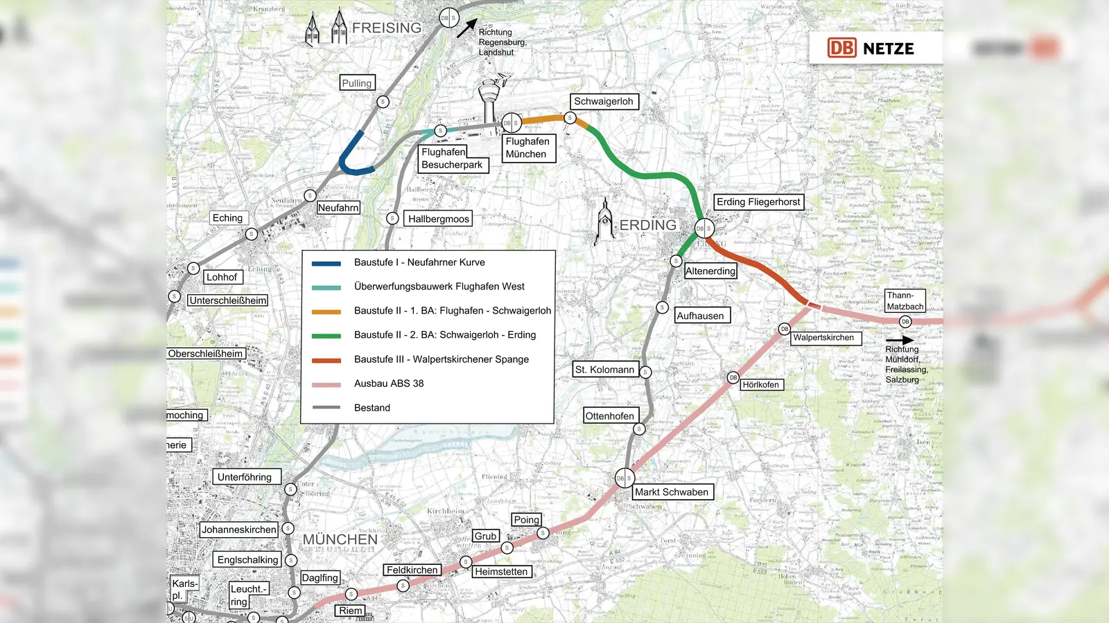 Die rund vier Kilometer lange Strecke ist Teil des „Erdinger Ringschluss“, mit dem eine durchgehende Schienenverbindung von Freising über den Münchner Flughafen nach Erding geschaffen werden soll. (Foto: DB AG)
