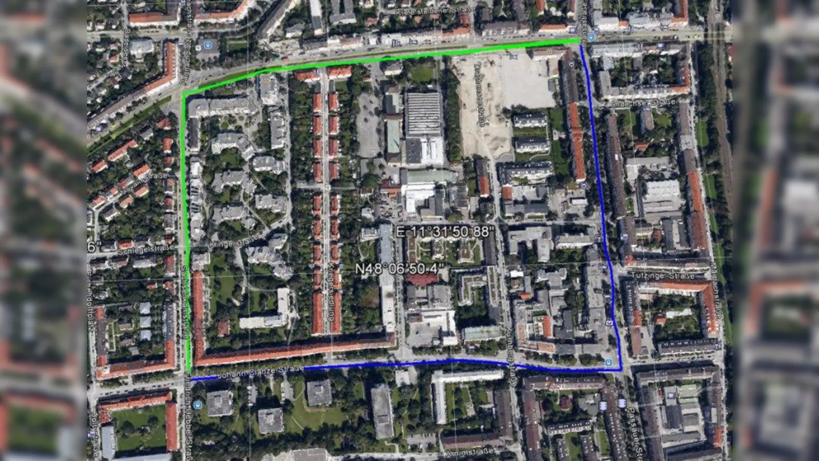 Die blaue Linie zeigt die aktuell bestehende Fahrstrecke der Buslinie 132. In Grün ist die veränderte Route via Partnachplatz eingezeichnet. (Foto: pi)