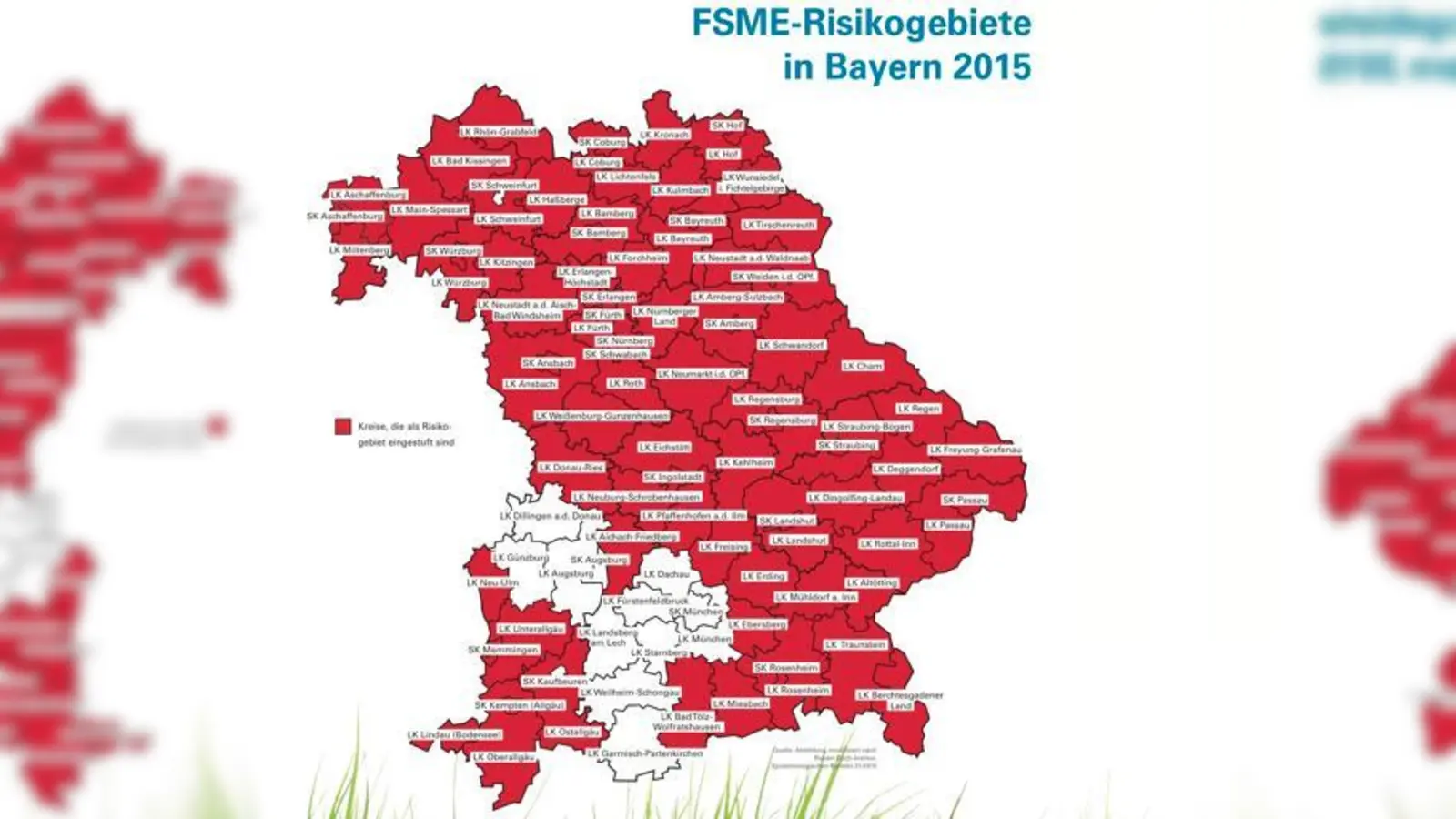 Die rot gefärbten Landkreise gehören nach Einstufung des Robert-Koch-Instituts zu den Risikogebieten für FSME  in Bayern sind das 82 von 96 Landkreisen und kreisfreien Städten.	 (Foto: Bayerisches Gesundheitsministerium)