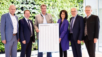 Rupert Steigenberger (1. Bürgermeister Berg, rechts) übergab mit Amtskollegen aus anderen Gemeinden den Appell an Ministerpräsident Markus Söder (Dritter von links).<br> (Foto: Staatskanzlei München)