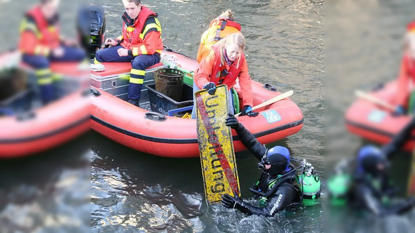 Über Verkehrsschilder, die in der Sempt liegen, wundert sich die Wasserwacht schon lang nicht mehr.  (Foto: Wasserwacht)