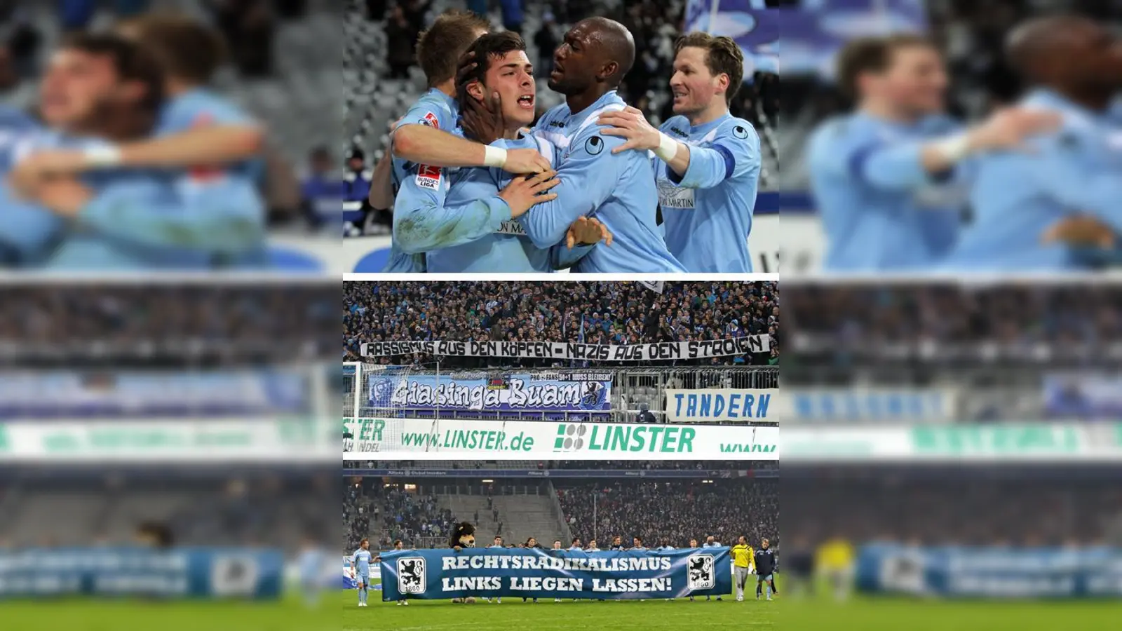 Oben: Freude über den Ausgleich in letzter Minute: Kevin Volland und Collin Benjamin. Mitte und unten: Fans und Mannschaft zeigen Haltung.  (Foto: A. Wild)