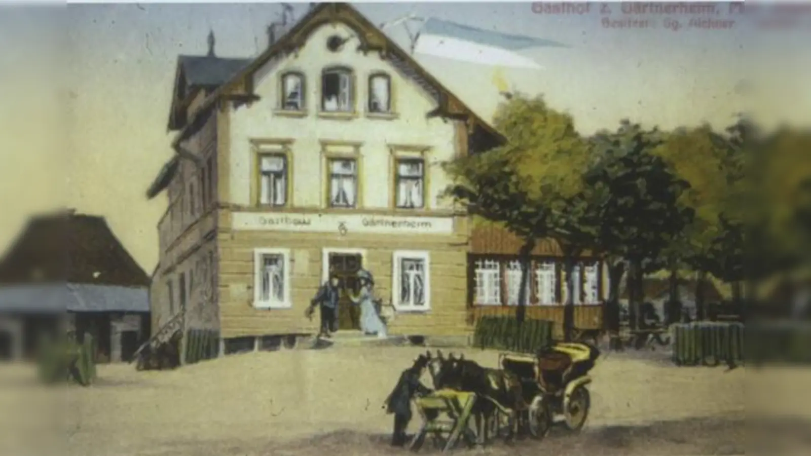 Der schattige Wirtsgarten und eine beheizbare Kegelbahn machten das Gasthaus Zur Radfahrereinkehr” bereits 1895 bei den Moosacher Vereinen sehr beliebt. 1943 wurde es bei einem Luftangriff zerstört und nicht wieder aufge­baut.  (Foto: GSLM/Stadtarchiv München)