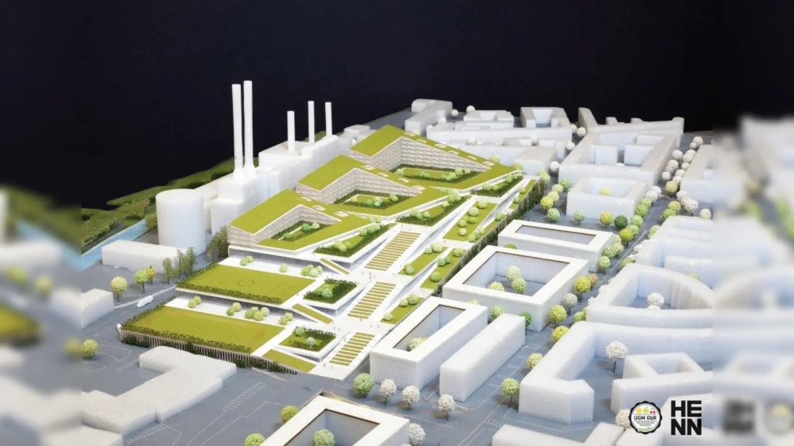 Grüner Großmarkt: So stellen sich die Planer den Neubau gegenüber des Heizkraftwerks (links) vor. (Foto: Architekturbuero Henn / UGM GbR)