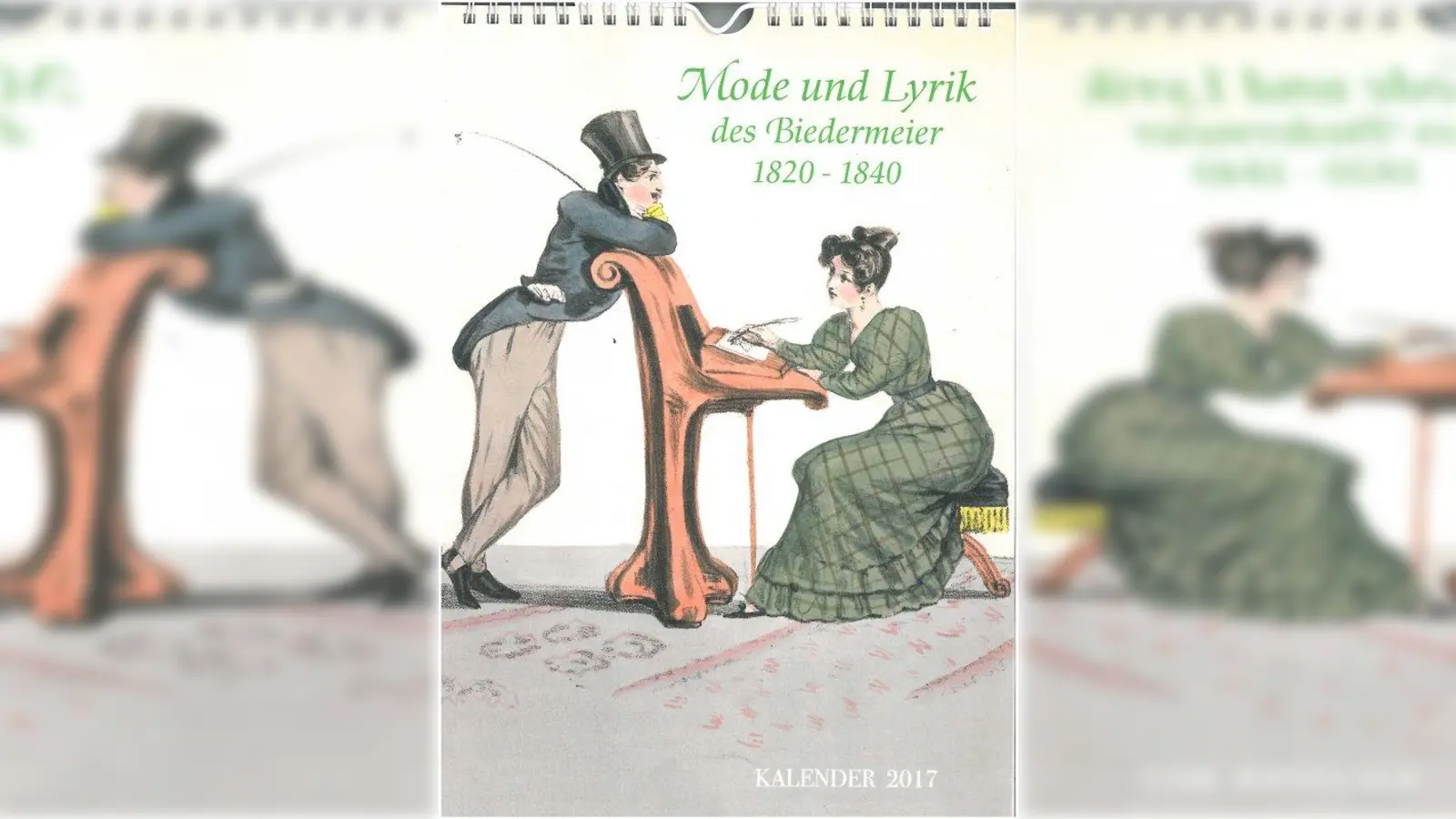Das Titelbild des Kalenders zeigt eine junge Dame, die das Porträt eines jungen Mannes zeichnet. Das Original ist eine handkolorierte Lithografie aus dem Jahre 1827. Der Künstler ist unbekannt. (Foto: Cover, Von Parish Kostümbibliothek)