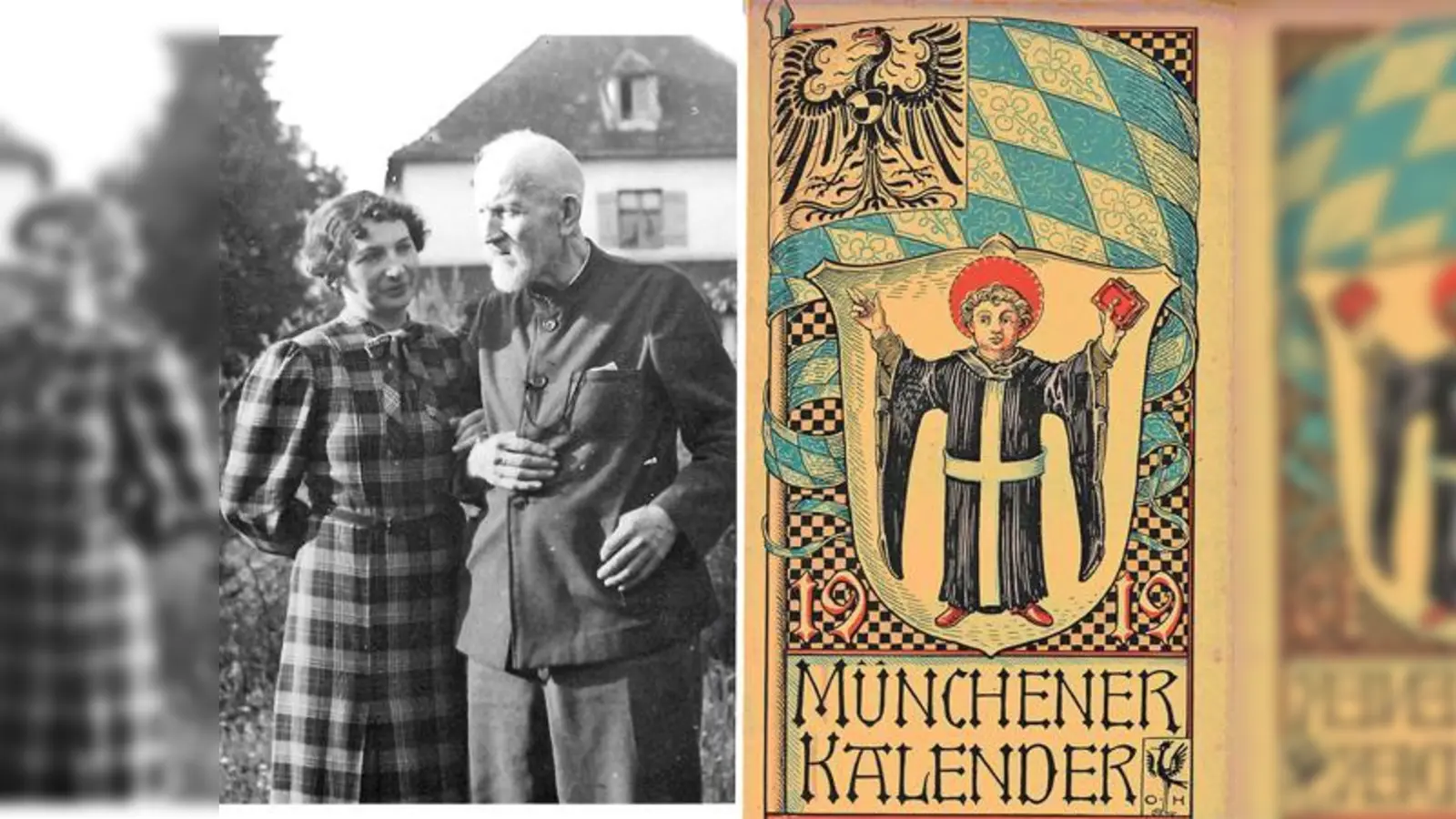 Otto Hupp mit Tochter Maria 1939 (links), rechts das Titelbild des Münchner Kalenders 1919. 	 (Foto: VA)