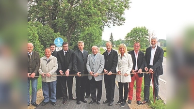 Der goldene Schnitt! Landrat Bayerstorfer(3.l), Bürgermeister Mücke(4.l), Horst Weise(4.r), Ulrike Scharf(MdL;3.r) und Alois Pröll(2.r) bei der Einweihung des Radwegs	 (Foto: Marcus Ullrich)