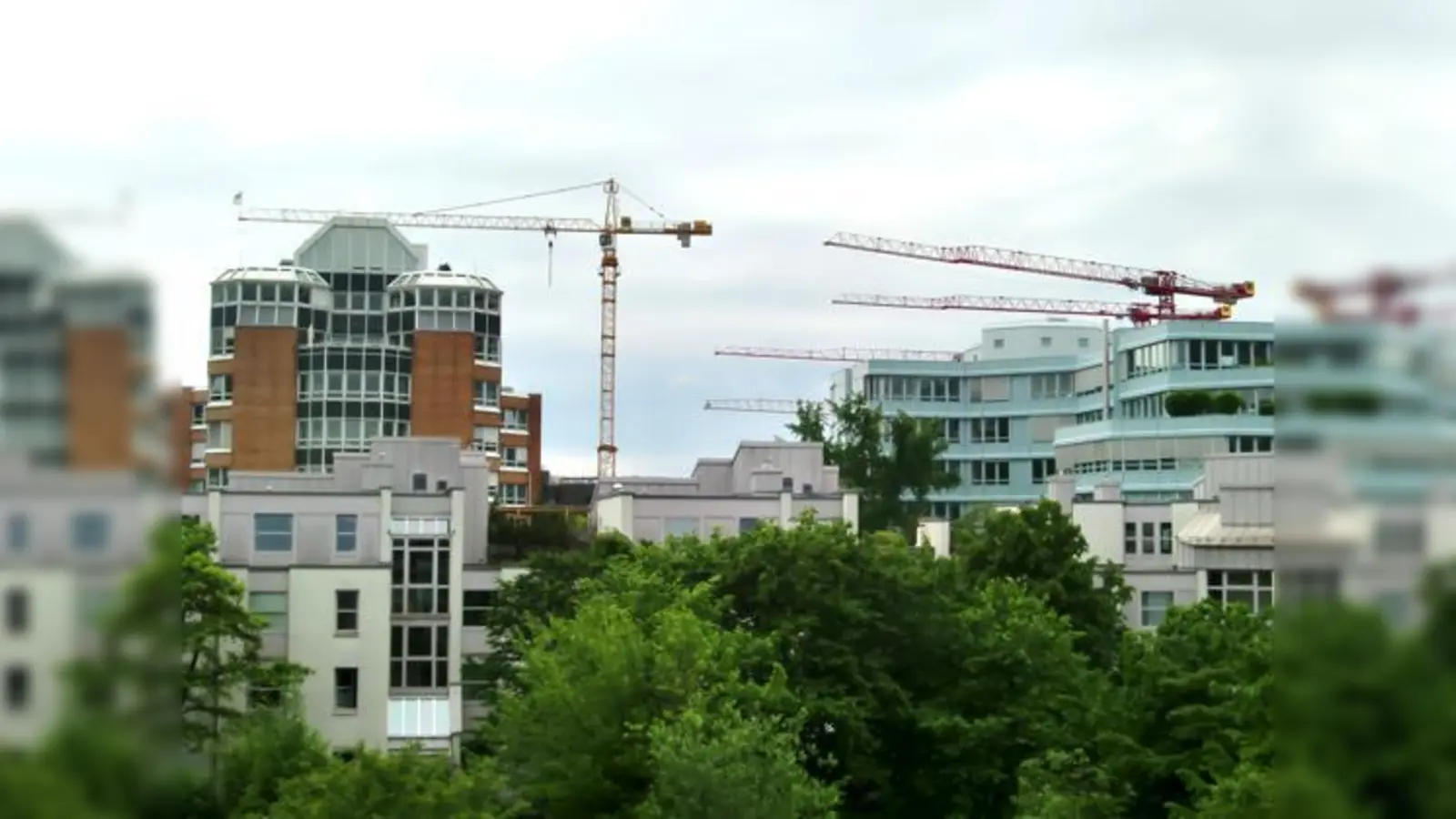 Fünf Baukräne markieren weithin sichtbar den Arabellapark, an dessen Rand die sogenannte »Arabeska«, ein vierstöckiger Bürotrakt, entsteht.     	 (Foto: hgb)