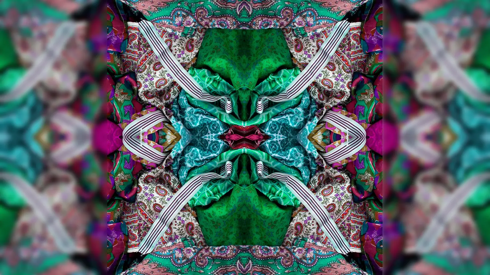 Kaleidoskop-Fotos von schön arrangierten gemusterten Stoffen zeigt Suse Güllert in der Ausstellung.  (Foto: Suse Güllert)