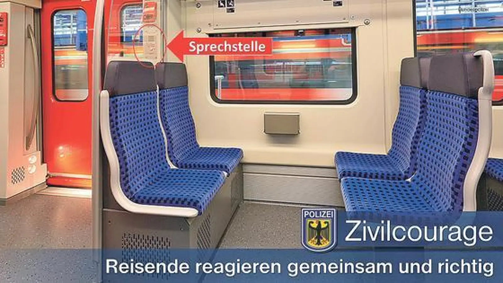 Richtig und schnell reagieren in einer bedrohlichen Situation in der S-Bahn: Über die Sprechstelle neben der Tür (roter Kreis) kann man den Zugführer informieren, der dann die S-Bahn stoppt und die Polizei alarmiert.	 (Foto: Bundespolizei)