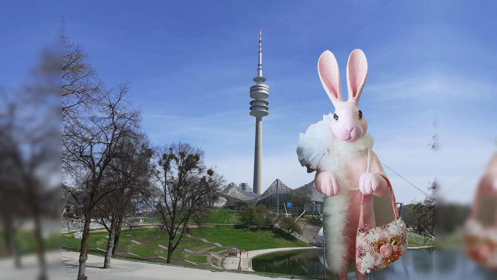 Der Osterhase wartet am Sonntag im Olympiapark auf Besucher und teilt dabei auch kleine Geschenke aus. Sechs Stunden lang begeistern ein buntes Familienprogramm, Fahrgeschäfte und viel Musik. (Symbolb.: mha, Grafik: Markus Throm )