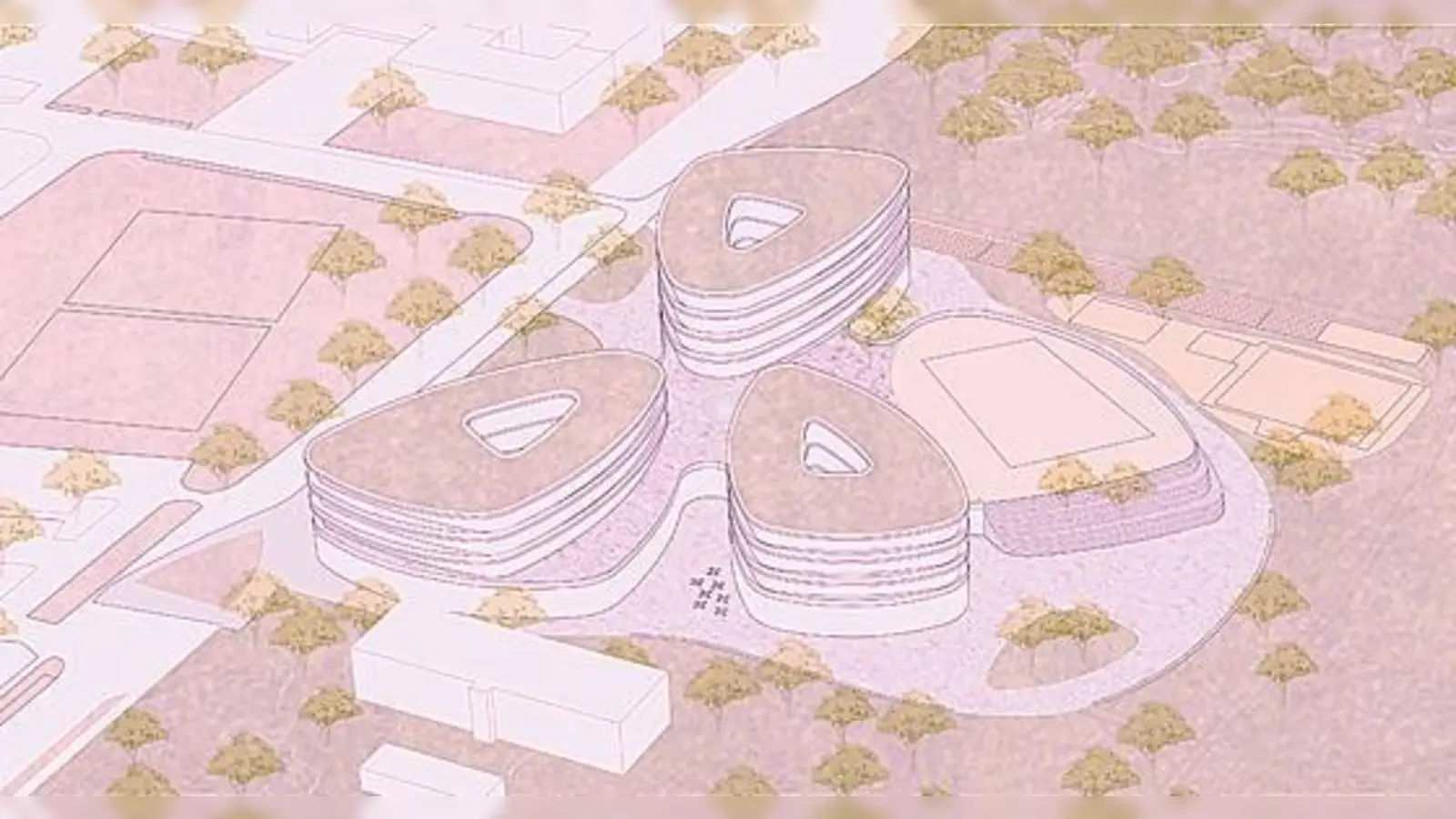 Variante drei sieht drei organische Baukörper vor, die sich auf vier bis fünf Geschossen um eine Aula gruppieren.	 (Foto: Hascher Jehle Architektur/ver.de Landschaftsarchitektur)