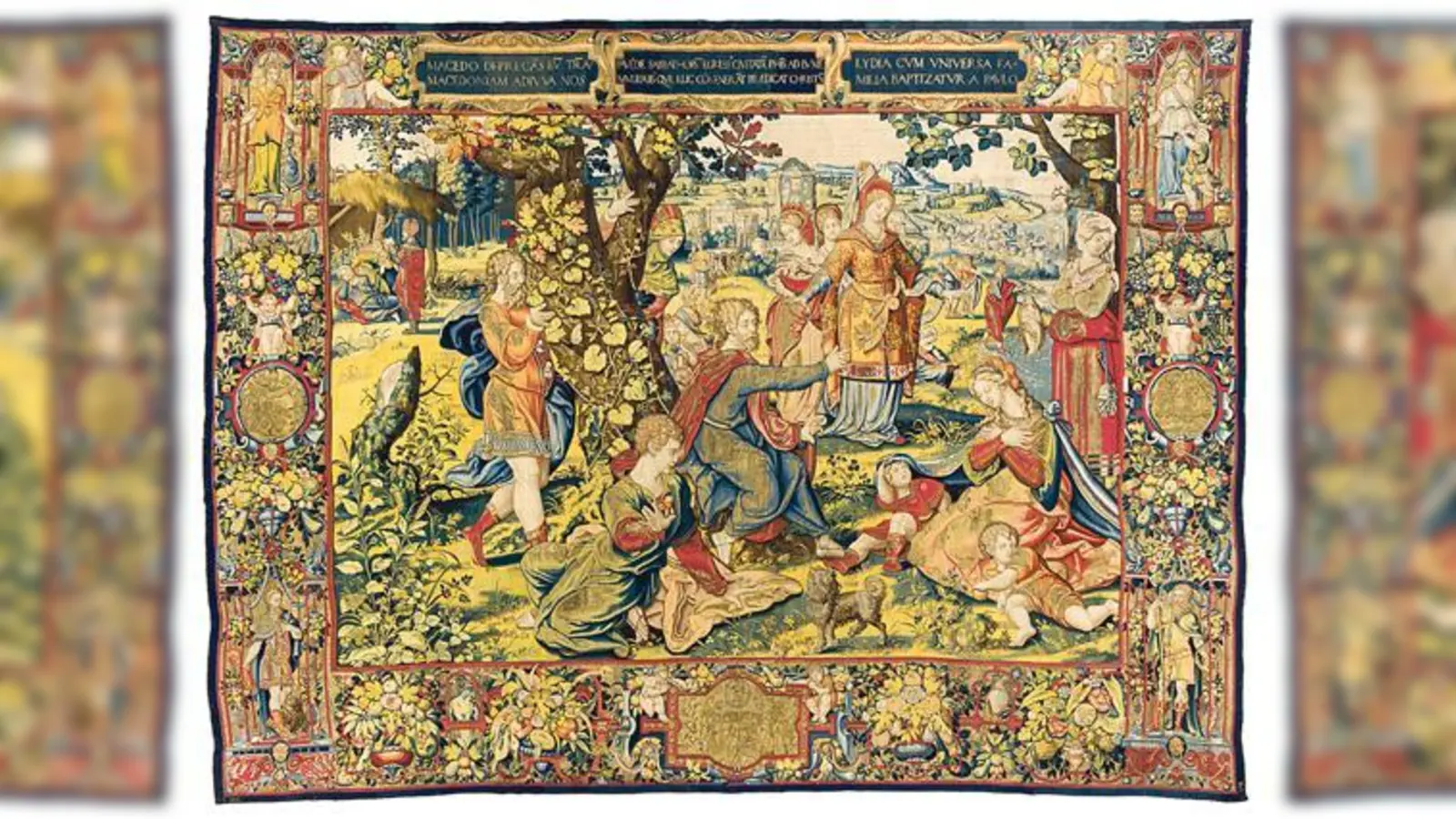 Tapisserie: Paulus predigt vor den Frauen, Wolle, Seide, Metall Brüssel, Entwurf um 1535, Ausführung um 1550.                      (Foto: Bastian Krack/©Bayerisches Nationalmuseum)