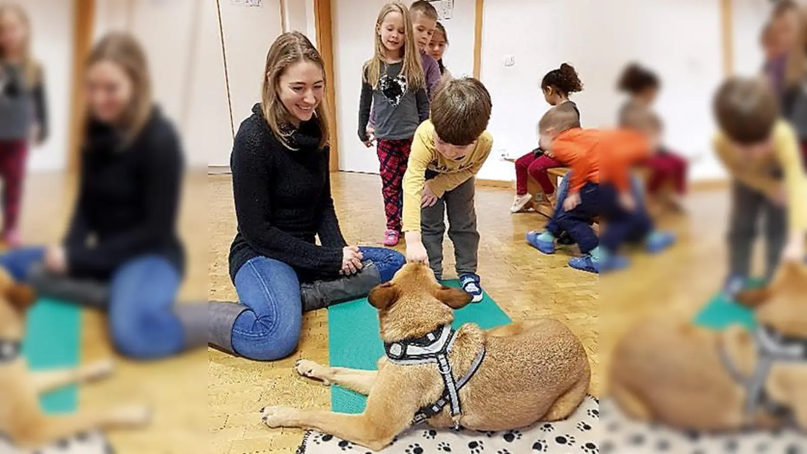 Die Kinder probierten das Gelernte gleich bei Schulhündin Maya aus  unter Aufsicht von Pädagogin Melanie Reiner (l.).	 (Foto: privat)