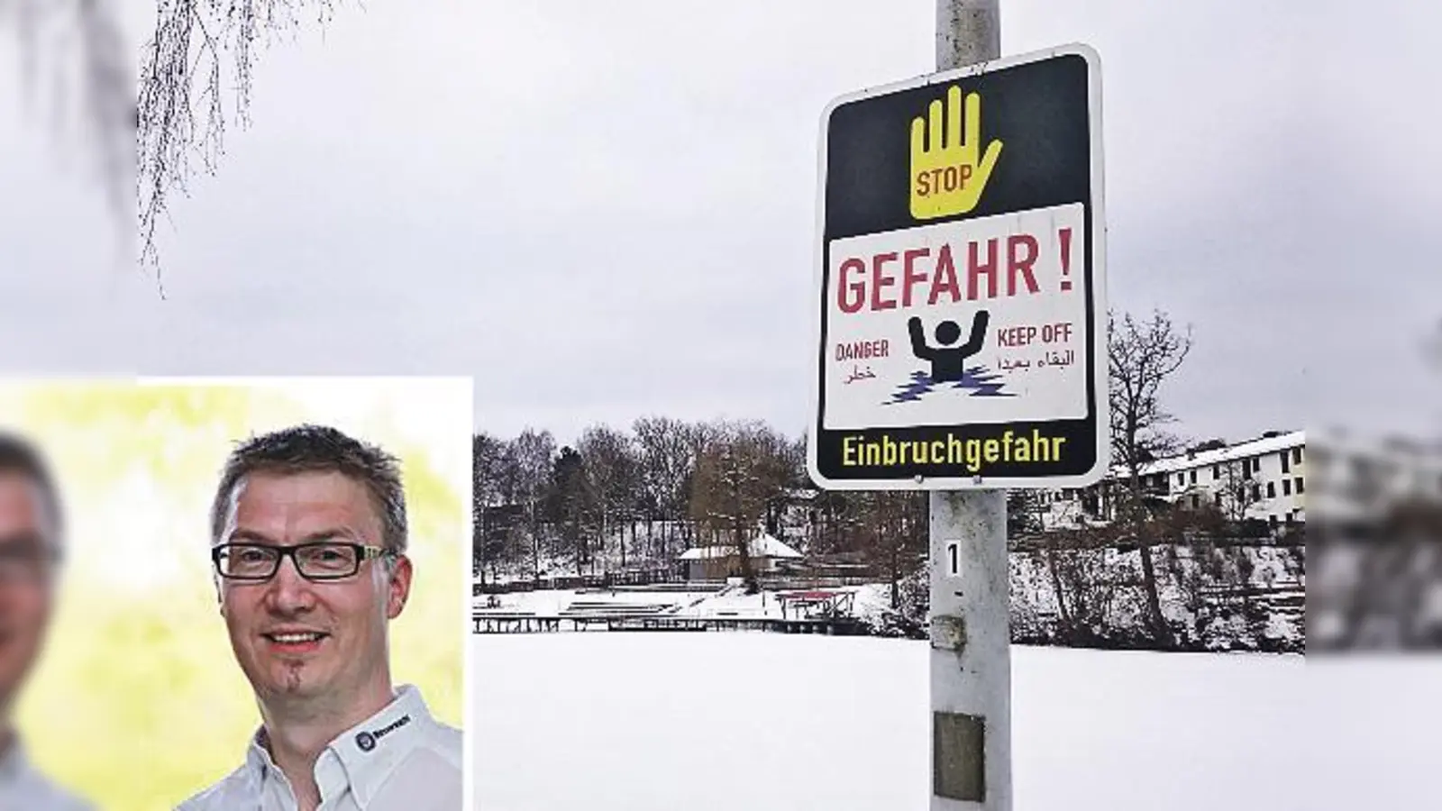 Am Ebersberger Klostersee warnt ein Hinweisschild eindrücklich vor der Einbruchgefahr. Die Dicke des Eises ist gerade bei zugeschneiten Seen tückisch, erklärt Robert Hofmann von der BRK-Wasserwacht Markt Schwaben.	 (Foto: sd, Wasserwacht Markt Schwaben)
