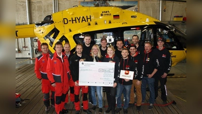 Stationsleiter Stephan Knödler (4.v.l.) nahm die Spende bei der symbolischen Scheckübergabe entgegen. Die diensthabende Besatzung (v.l.) Notarzt Dr. Martin Wellenkamp, Rettungsassistent Claus Nopp und Pilot Ralph Schumacher nutzten die Gelegenheit, sich persönlich bei der Motorradgruppe zu bedanken. (Foto: ADAC Südbayern)