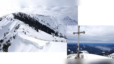 Winterlicher Blick vom Kratzer zum Hirschberg. Foto rechts: Drunten im Tal grüßt der Tegernsee.  (Foto: Stefan Dohl)