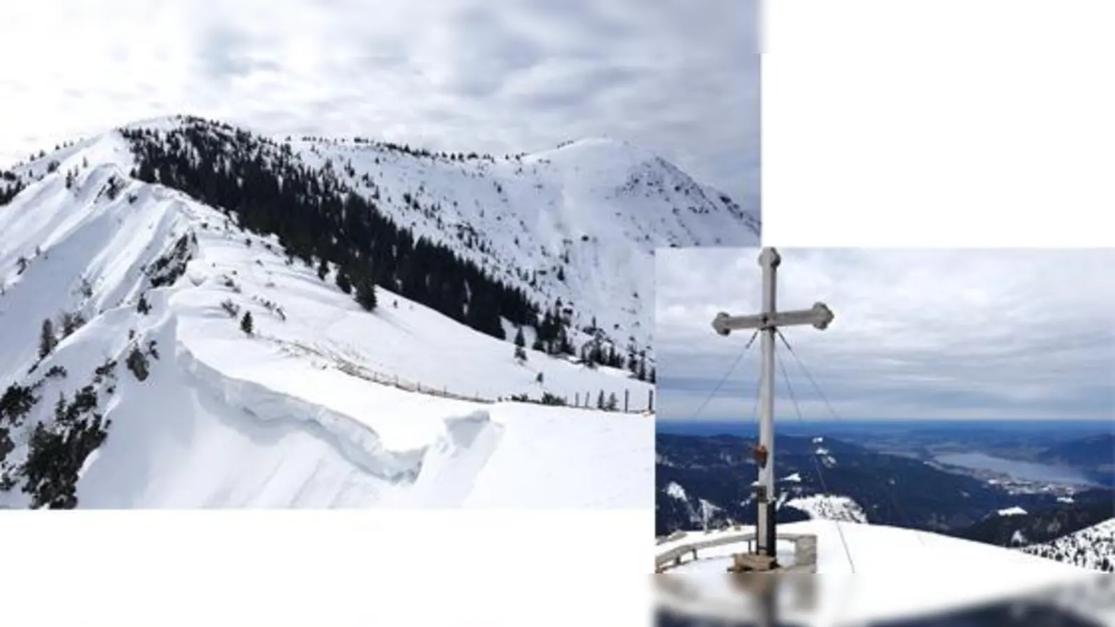 Winterlicher Blick vom Kratzer zum Hirschberg. Foto rechts: Drunten im Tal grüßt der Tegernsee.  (Foto: Stefan Dohl)