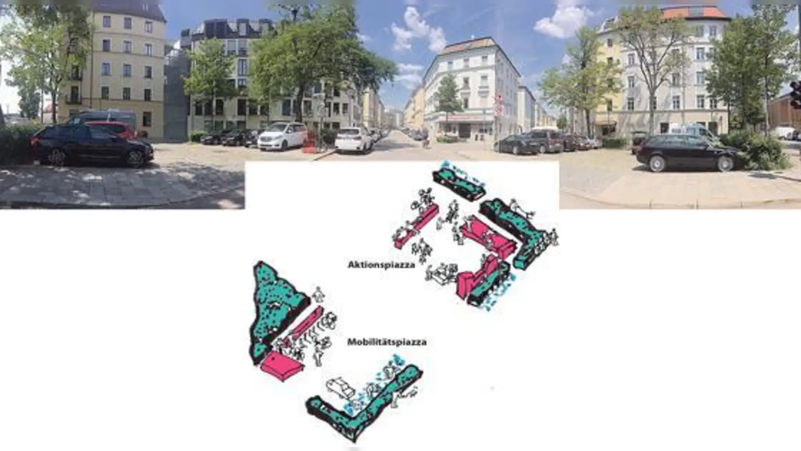 Am Zenettiplatz entsteht eine E-Mobilitätsstation und eine Piazza...  Kleines Foto: Projektskizze Piazza Zenetti im südländischen Flair. Foto: Johanna  (Foto: raumzeug felix lüdicke, almannai fischer architekten)