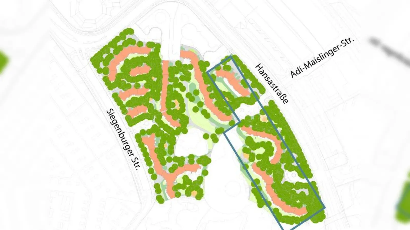 Der Lageplan der Siedlung „Hansapark” mit markiertem ersten Bauabschnitt. (Foto: GEWOFAG)