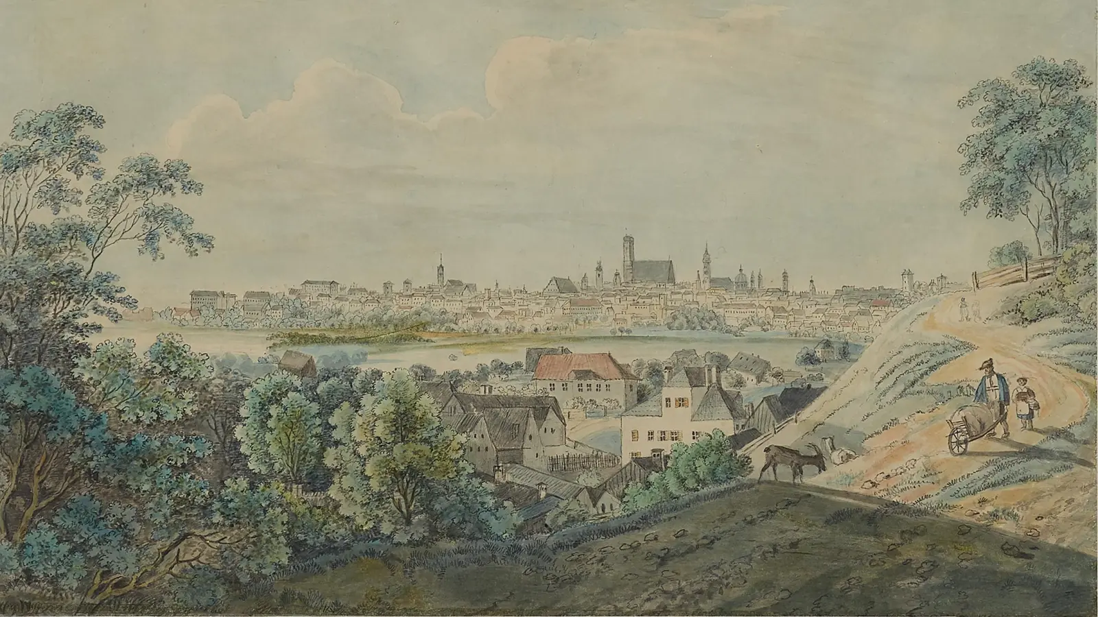 Max Joseph Wagenbauer: München von Giesing. Aquarellierte Federzeichnung, um 1810.  (Foto: Timo Bierbaum/Museum der Stadt Grafing)