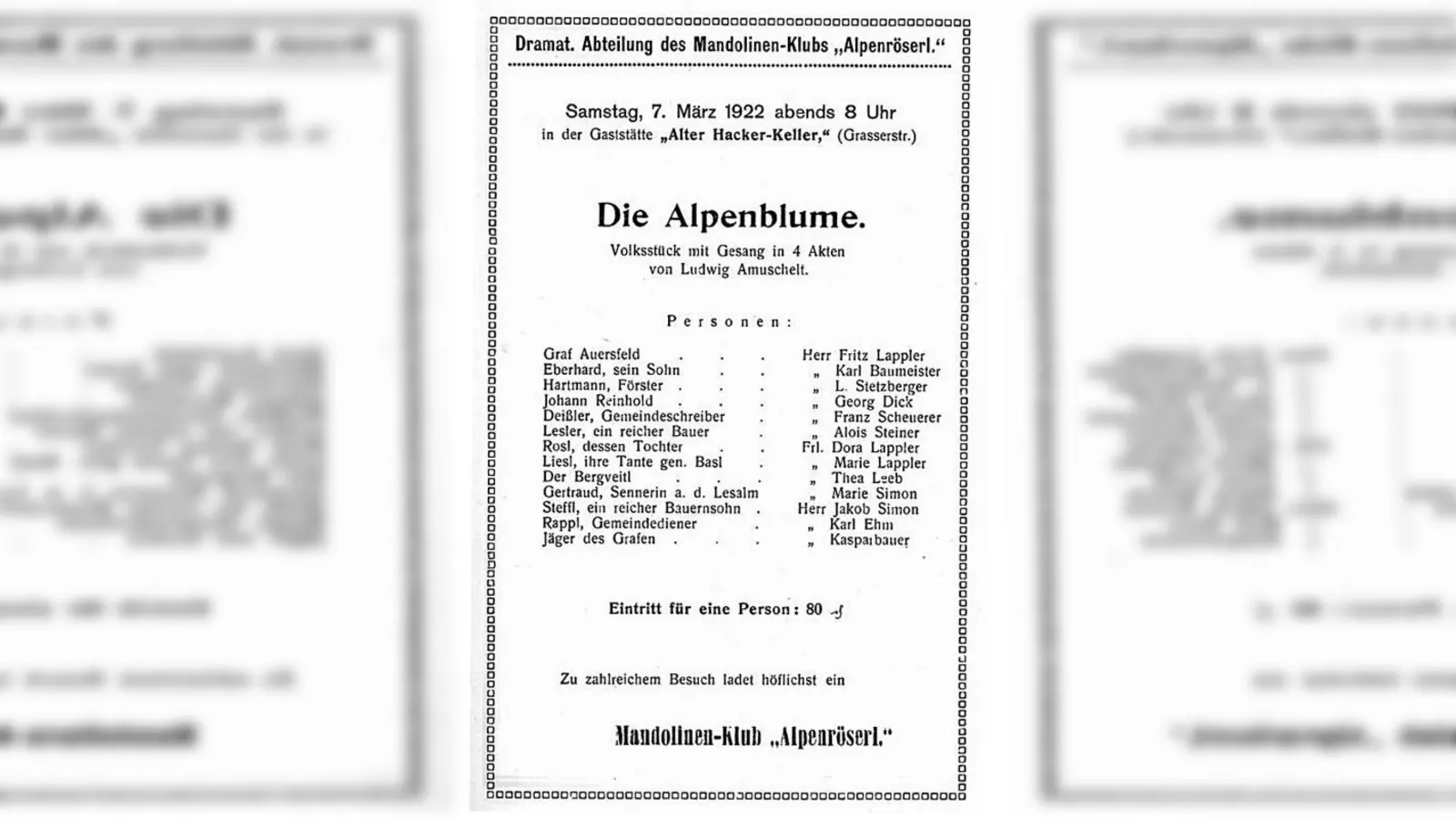 1922: Das Originalprogramm zur allerersten Aufführung des heutigen Vereins Dramatischer Club Alpenröserl. Der 7. März 1922 gilt als Gründungsdatum. (Foto: Alpenröserl)