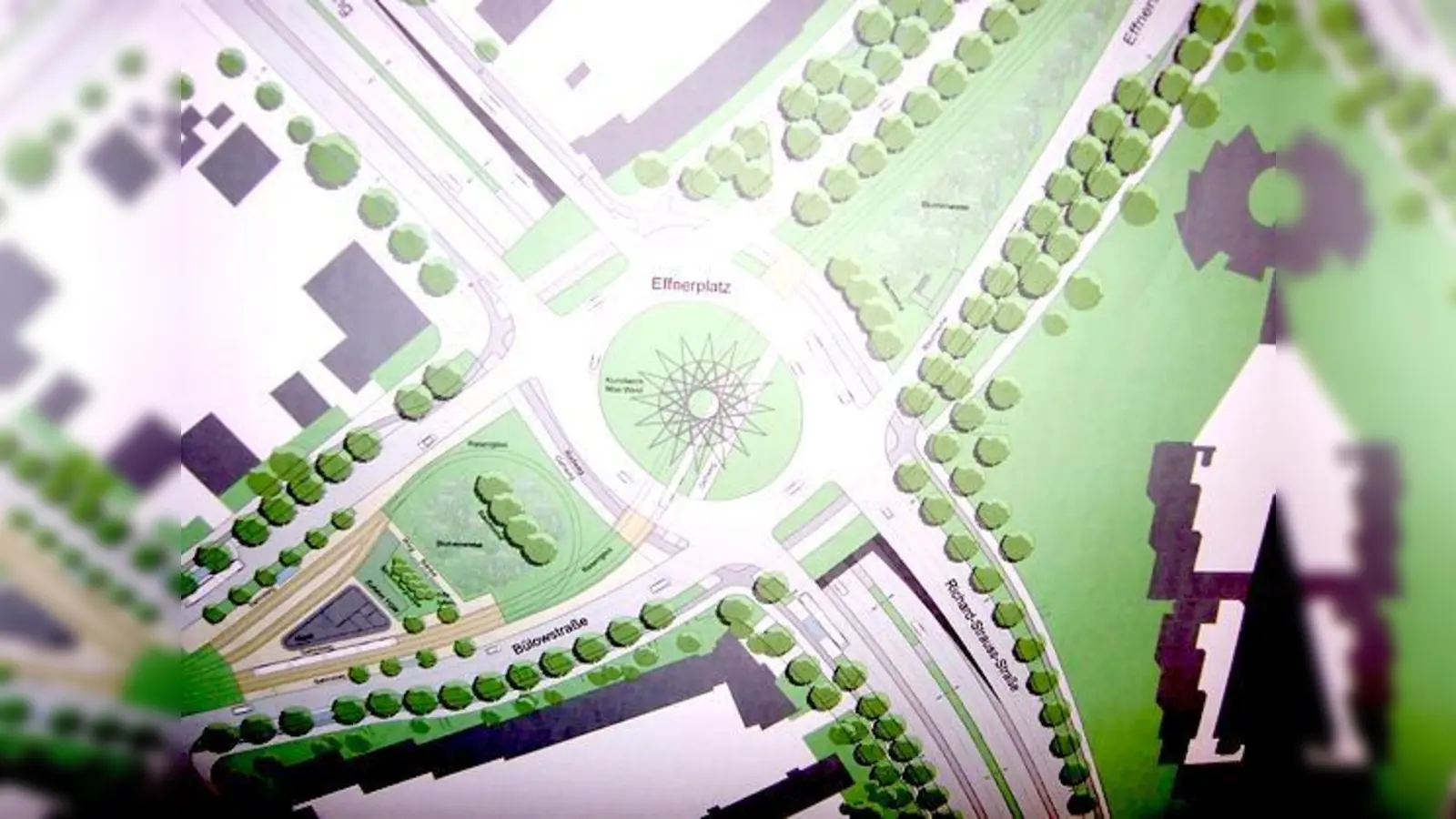 So sieht die letzte Grünplan-Fassung für den Effnerplatz rund um das Stangerl-Kunstwerk Mae West aus. 	 (Foto: ikb)