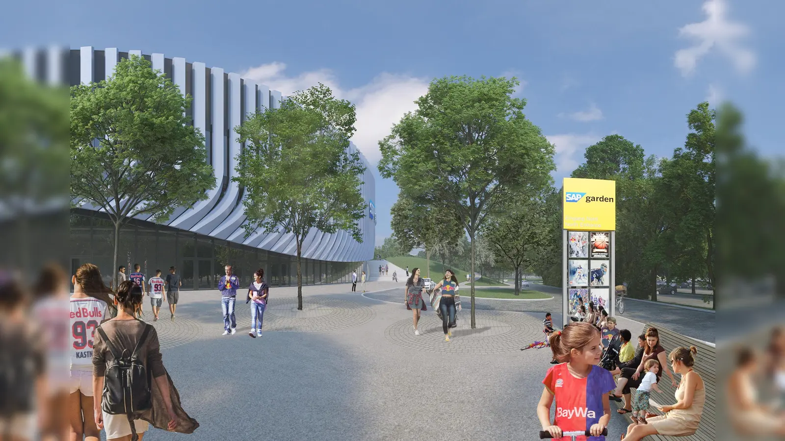 Der SAP Garden wird Spielstätte für die Eishockey-Heimspiele des EHC Red Bull München sowie die Basketballmannschaft des FC Bayern München. (Grafik: © 3xn architekten, copenhagen, mit LATZ PARTNER)