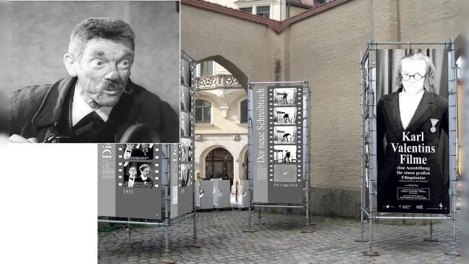 Szenen aus den Filmen von Karl Valentin sind derzeit im Innenhof des Isartors zu sehen. Kleines Foto: Szene aus »Beim Rechtsanwalt«	 (Fotos: Musäum)