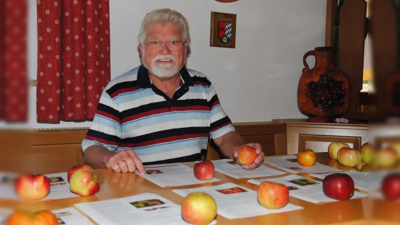 Josef Hernicht im Vereinsheim der Kleingartenanlage „Im Kreuzlinger Feld“ mit einigen der katalogisierten Apfelsorten. (Foto: Eva Schraft)