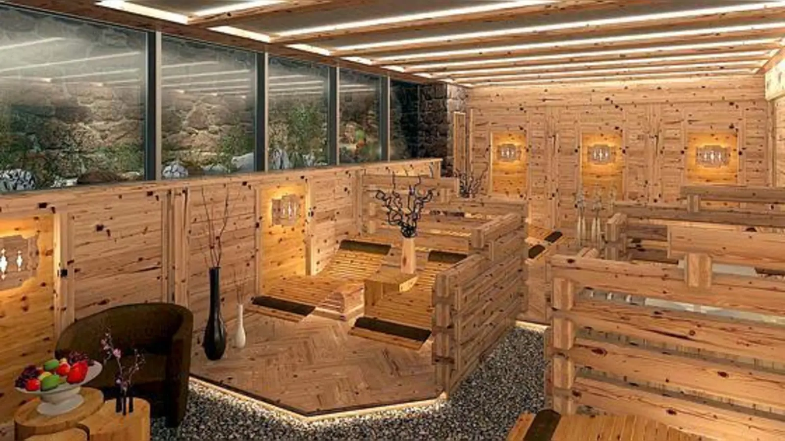 Nach der Sanierung kann man im neugestalteten Ruheraum des Erdgeschosses ein hüttenartiges Flair genießen.	 (Foto: Tischlerei Klocker)