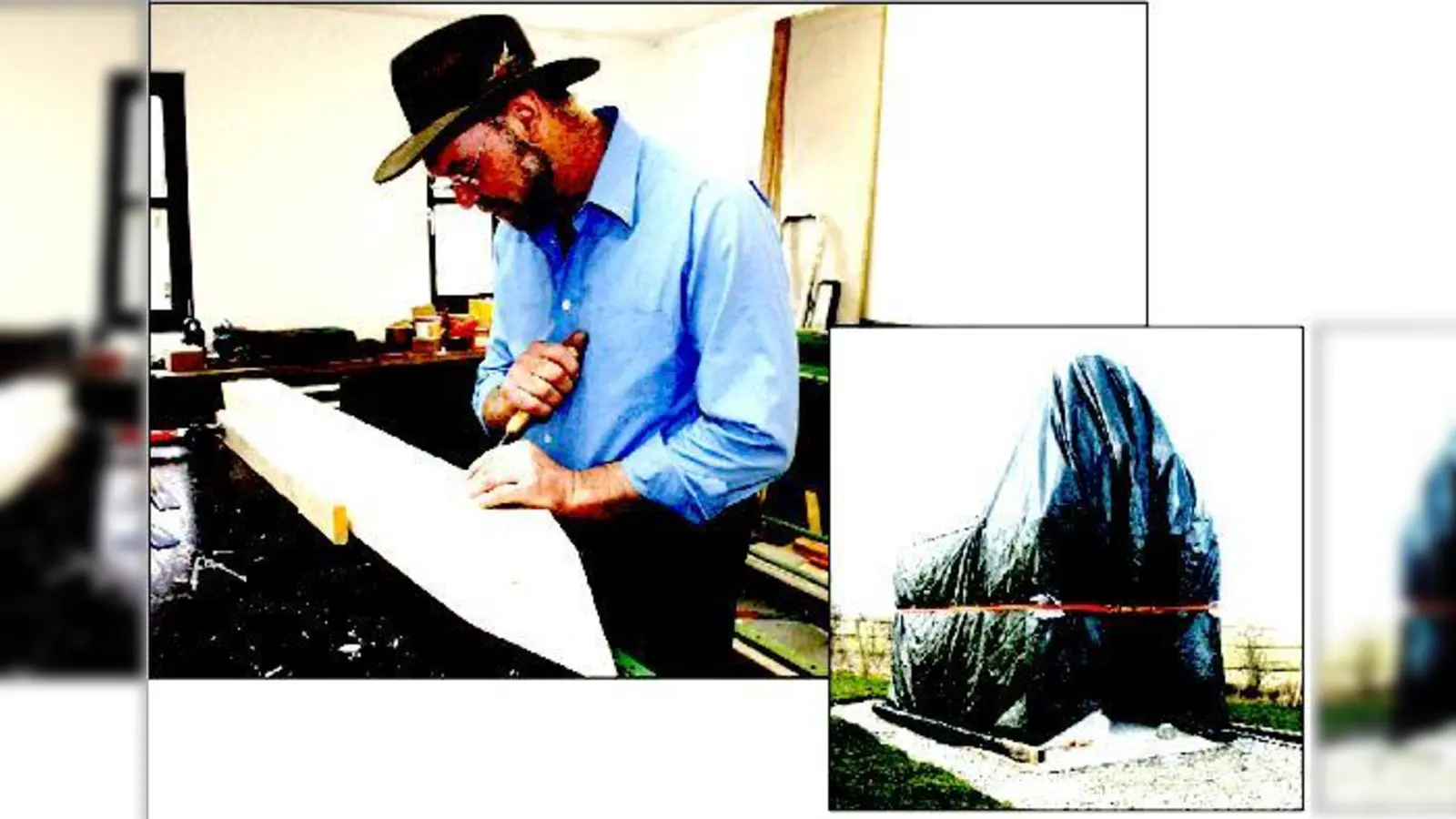 Der Spengler Schätzl arbeitet derzeit an den Zierschnitzereien der sichtbaren Balken (oben). Im Mai wird der Dachstuhl dann auf dem Kapellenrohbau in der Griesfeldstraße errichtet (rechts).	 (Fotos: gh)