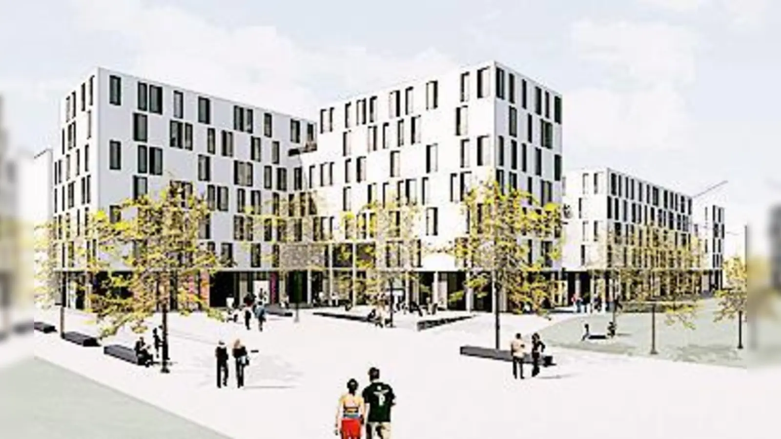 1. Preis: Blick von Nord-Osten mit Quartierseingang und äußerem Quartiersplatz.	 (Foto: Blauwerk Architekten)