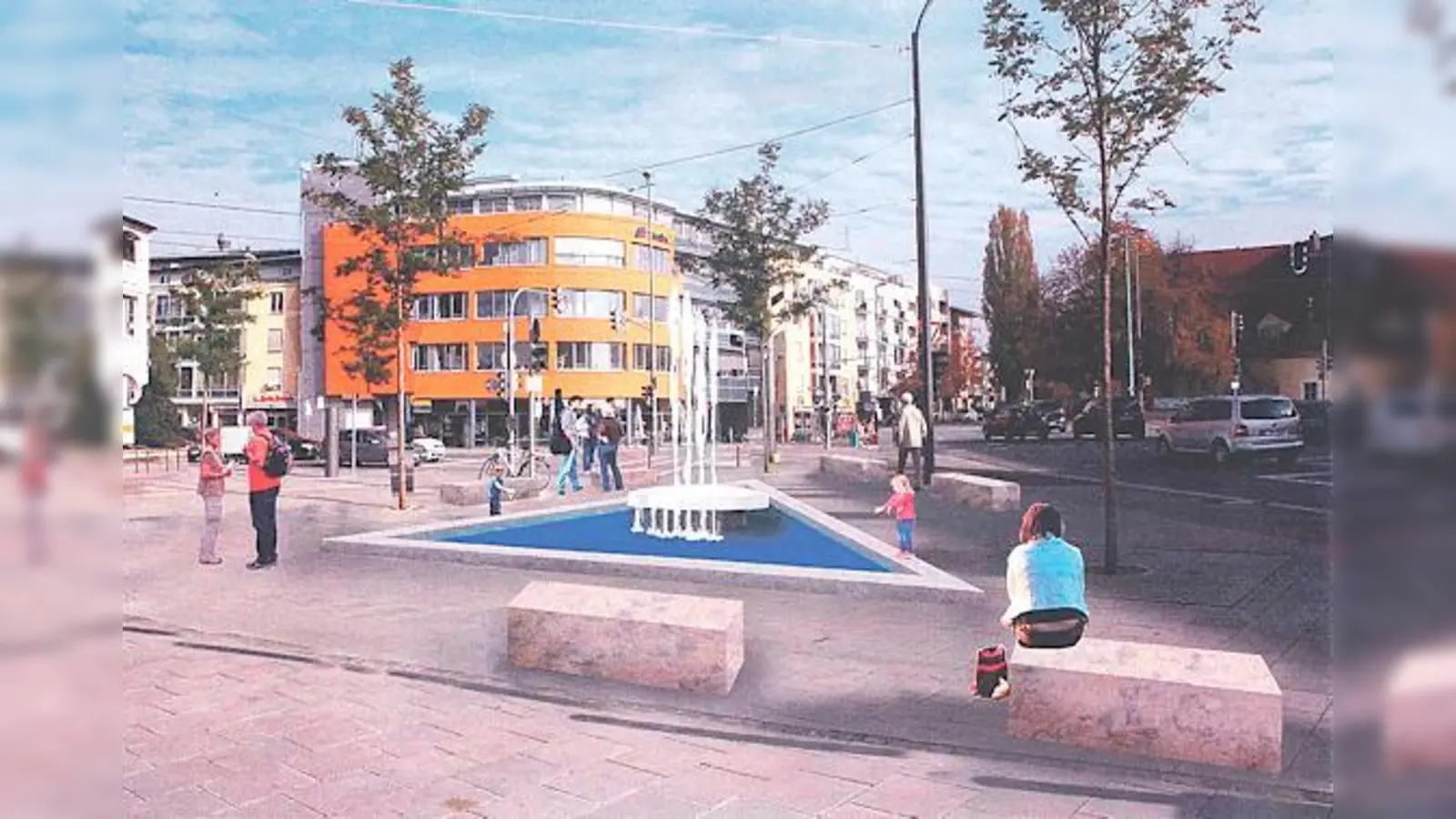 So wird der Brunnen in Moosach aussehen: Der BA entschied sich für das ultramarinblaue, flache Becken in Dreiecksform.    	 (Foto: Baureferat München)