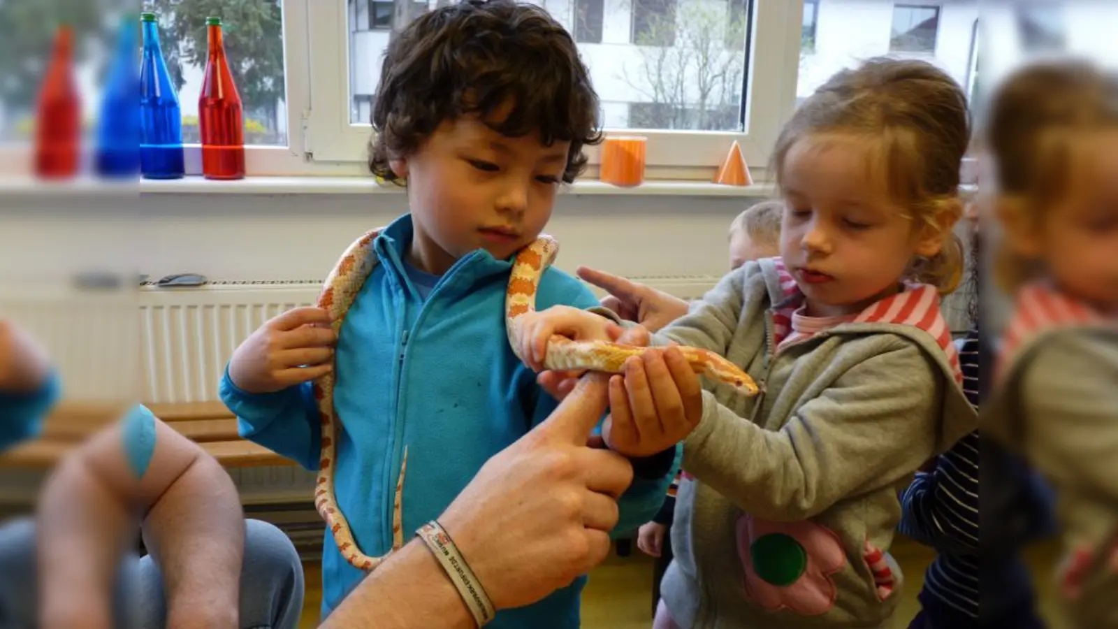 Schlangenforscher Tenzin und Luca sind begeistert von der Kornnatter. (Foto: pi)