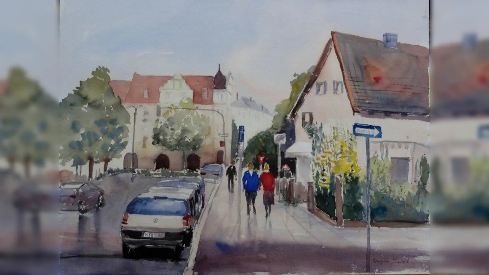 Blick zum Haderner Augustiner. Angela Musil, Aquarell. (Foto: Künstlerkreis Hadern)