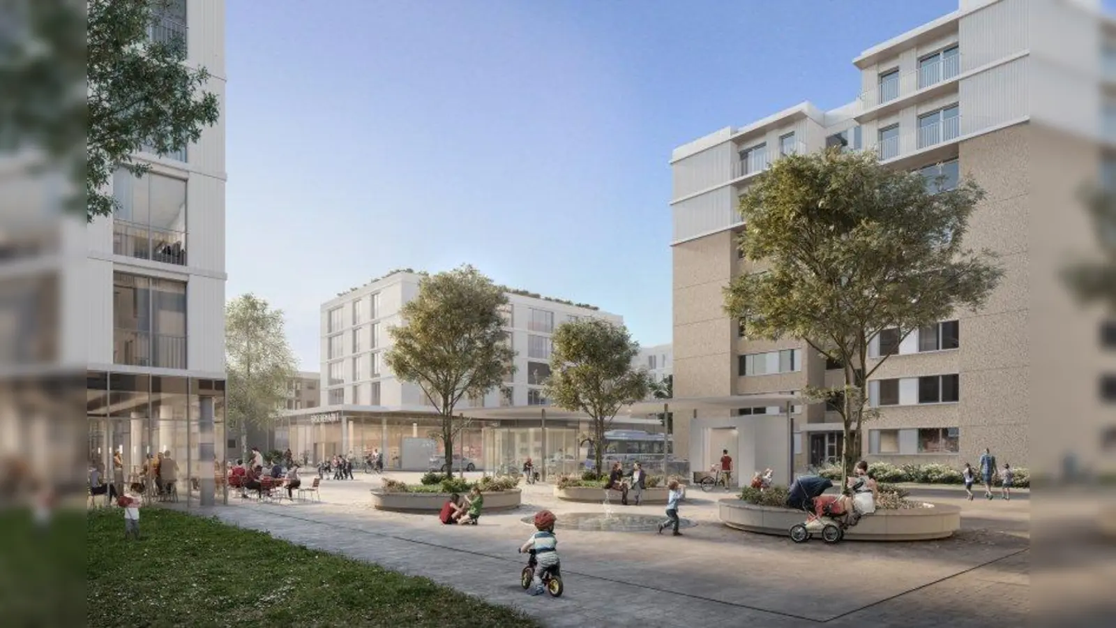 So könnte es am geplanten Quartiersplatz aussehen. (Foto: LIN / Nightnurse Images, Zürich)