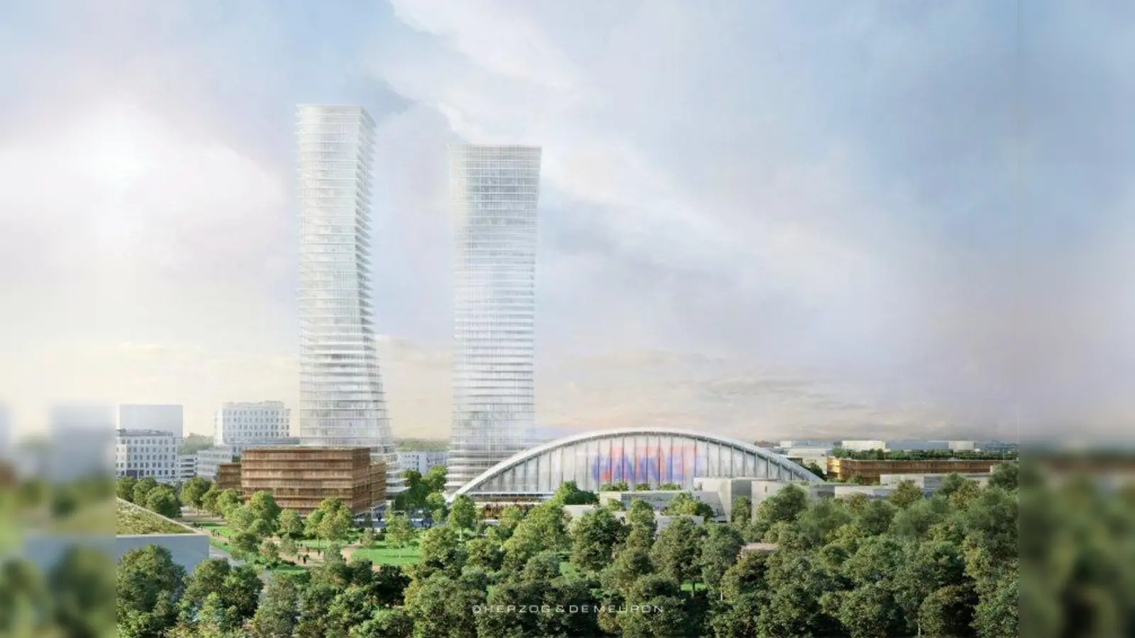 Verbindung von Bestand und Neuem: Halle und Türme sollen eine Komposition bilden. (Foto: Herzog & de Meuron)