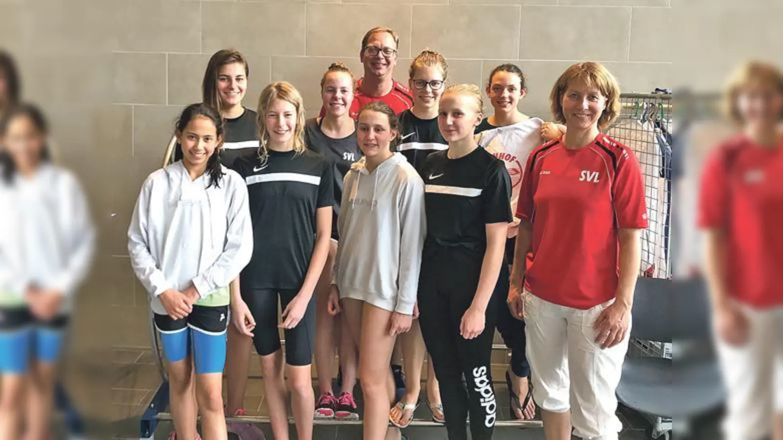 (v.l.n.r.() Vorne: Aileen Hora, Marie Wittmann, Giulia Marcucci, Evelin Laux, Kathrin Schneider (Trainerin), Hinten: Caroline Titze, Sarah Köster, Ingolf Schneider (Trainer), Anna Schneider, Gabrielle Pütz.	 (Foto: Verein)