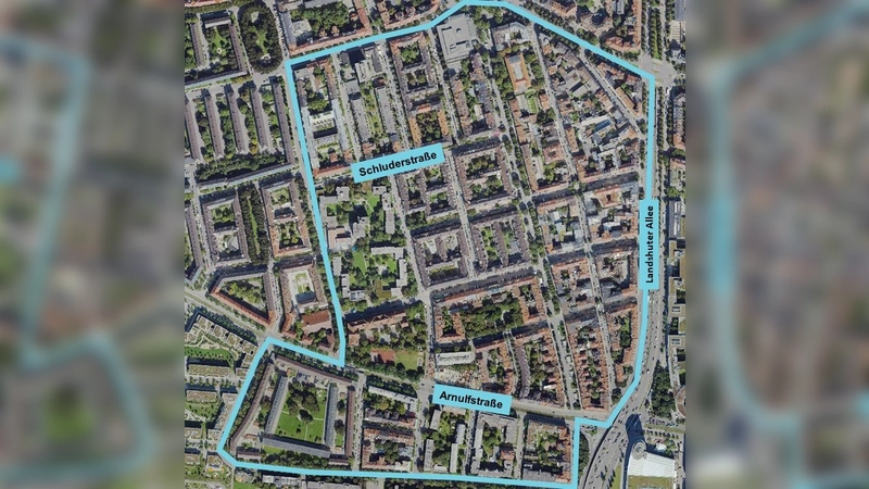 Westlich der Landshuter Allee befindet sich das Quartier Schluderstraße.  (Foto: RKU/ GeoInfoWeb)