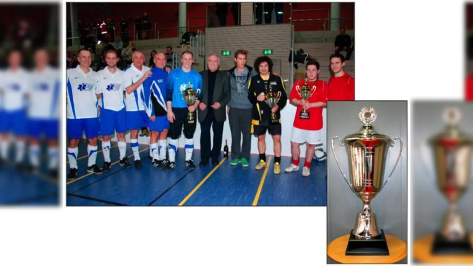 Turniersieger Ambulanz Aicher Team (links) und die Zweitplazierten, die Polizeiinspektion Bogenhausen. Aschheims Bürgermeister Englmann (Mitte) überreichte die Pokale.	 (Fotos: SVD)