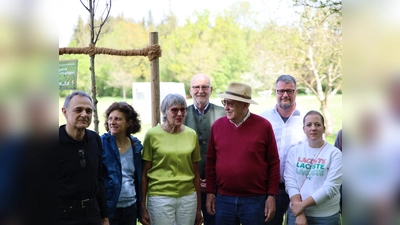 Hier sieht man den Baum, um den es geht, vor lauter Leuten kaum: v.l. Werner Engl, Adrienne Akontz, Marlene Thomme, Rudolph Haux, Hermann Schmidt, Sebastian Beel und Verene Texier-Ast. (Foto: Gemeinde Krailling)