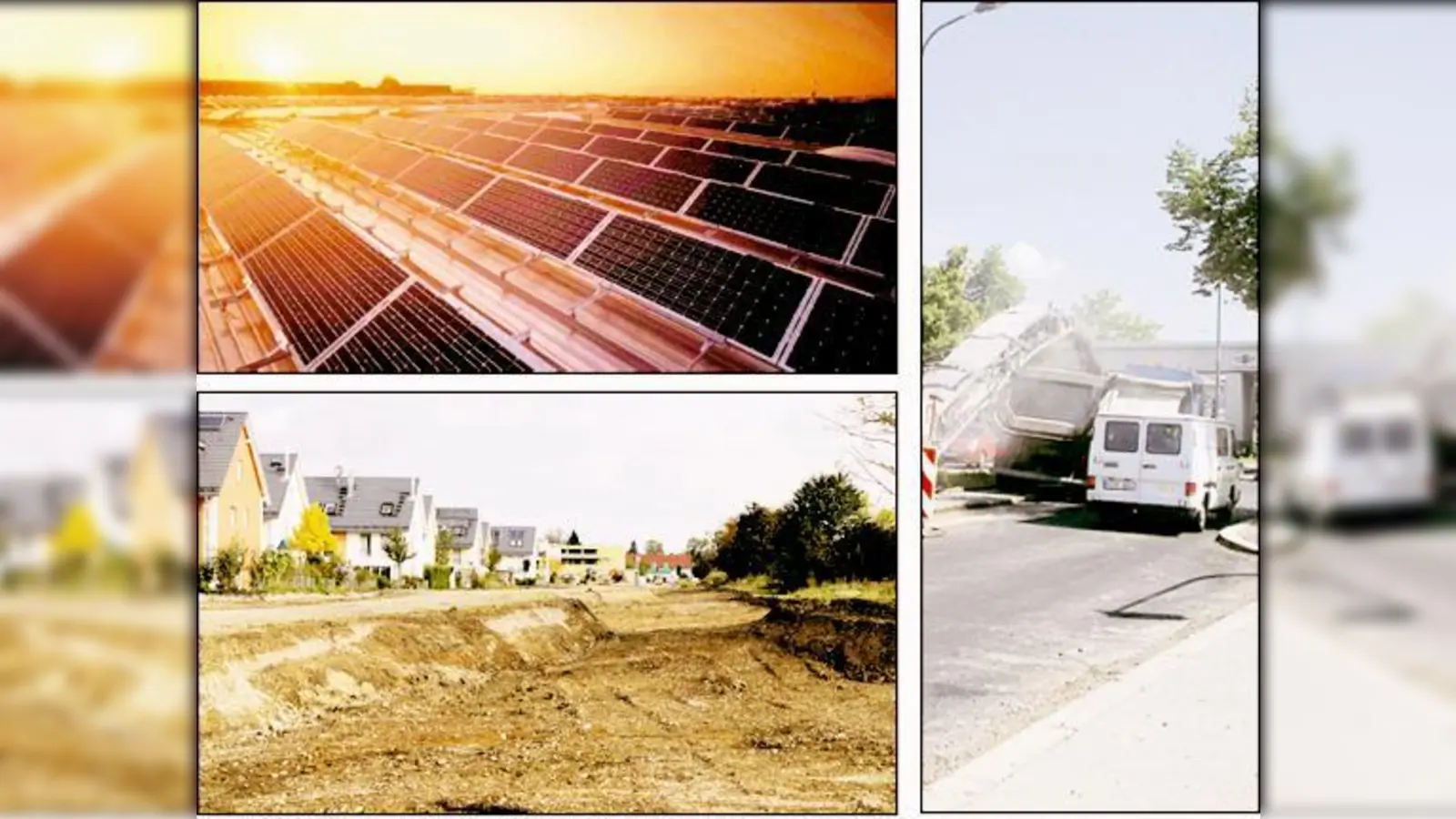 Regenerative Energien werden immer wichtiger (li.o.), Desaster an der Haff­straße (li.u.), lärmmindernder Asphalt soll 2010 in der Wasserburger Landstraße kommen.  (Foto: Archiv)