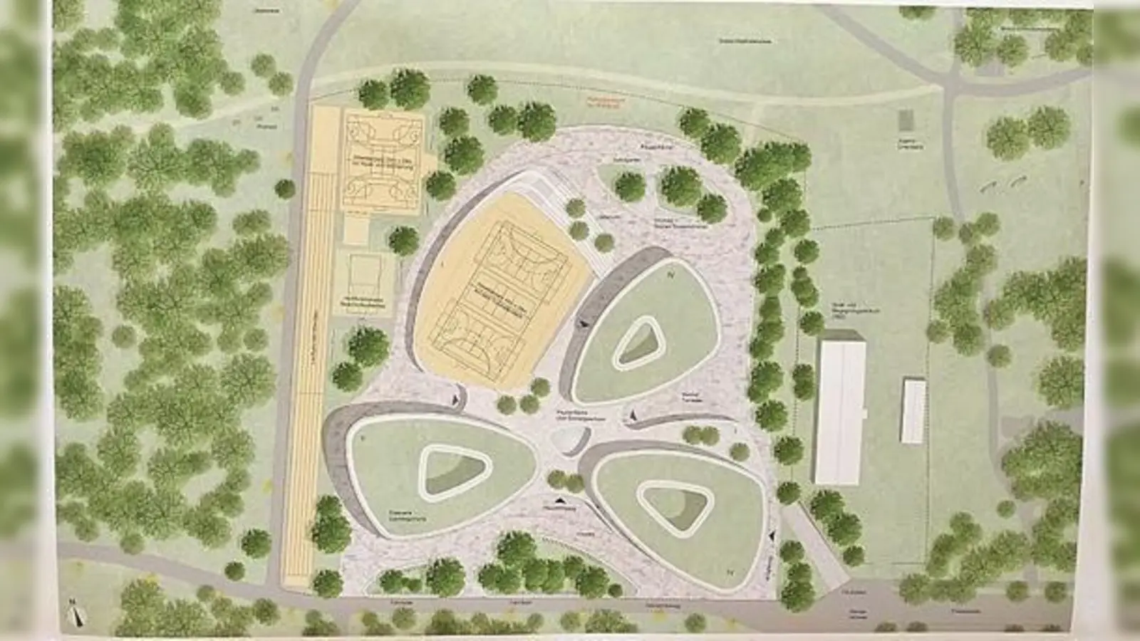 Die sternförmige Gebäudeanordnung der Planungsvariante 3 war der Favorit bei der Vorstellung des Neubau des WHG am Fideliopark.  (F: ahi)