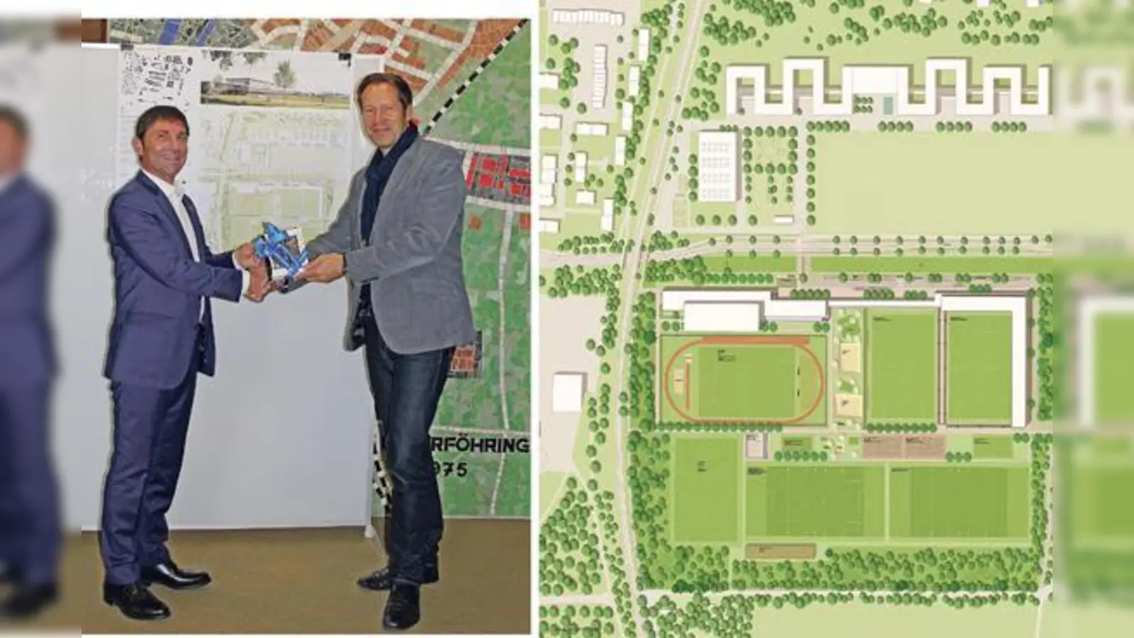 Unterföhrings Bürgermeister Andreas Kemmelmeyer (li.) gratuliert dem Architekten und Prokuristen der kplan AG, Johann Gruber (re.) zu seinem gelungenen Entwurf des Sportparks an der Mitterfeldallee.	 (Foto: ahi, © kplanAG)