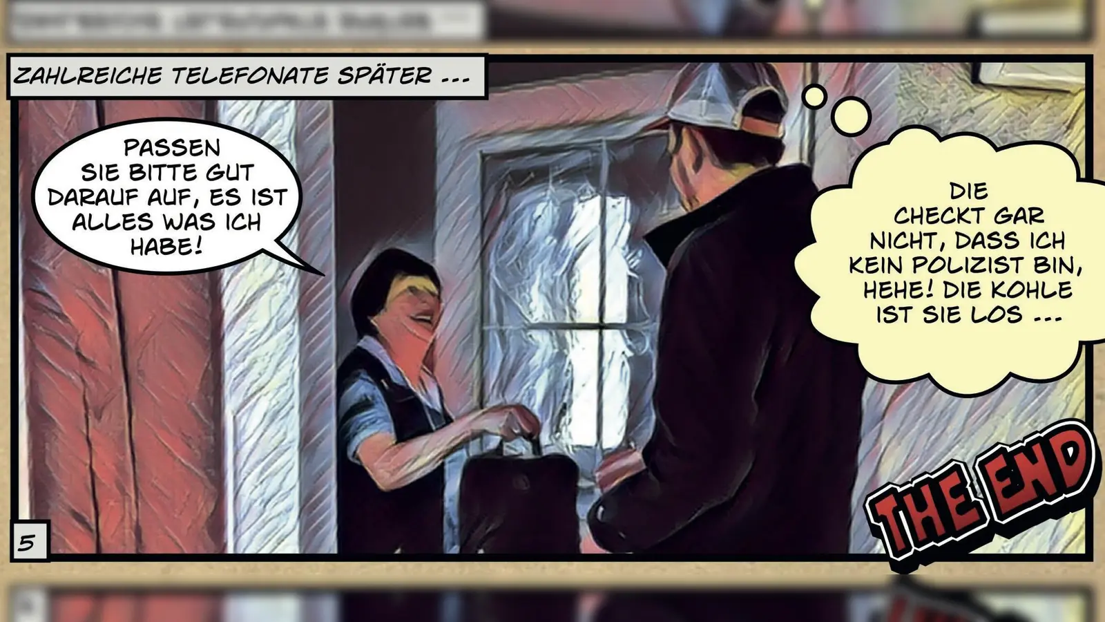 In einem kurzem Comic erklärt die Polizei, was hinter den Kulissen passiert, wenn ein vermeintlicher Polizist anbietet, Wertsachen zum Schutz vor Einbrechern zu verwahren. Die Opfer geben die Beute den Tätern selbst in die Hand. (Foto: © Tobi Simon)