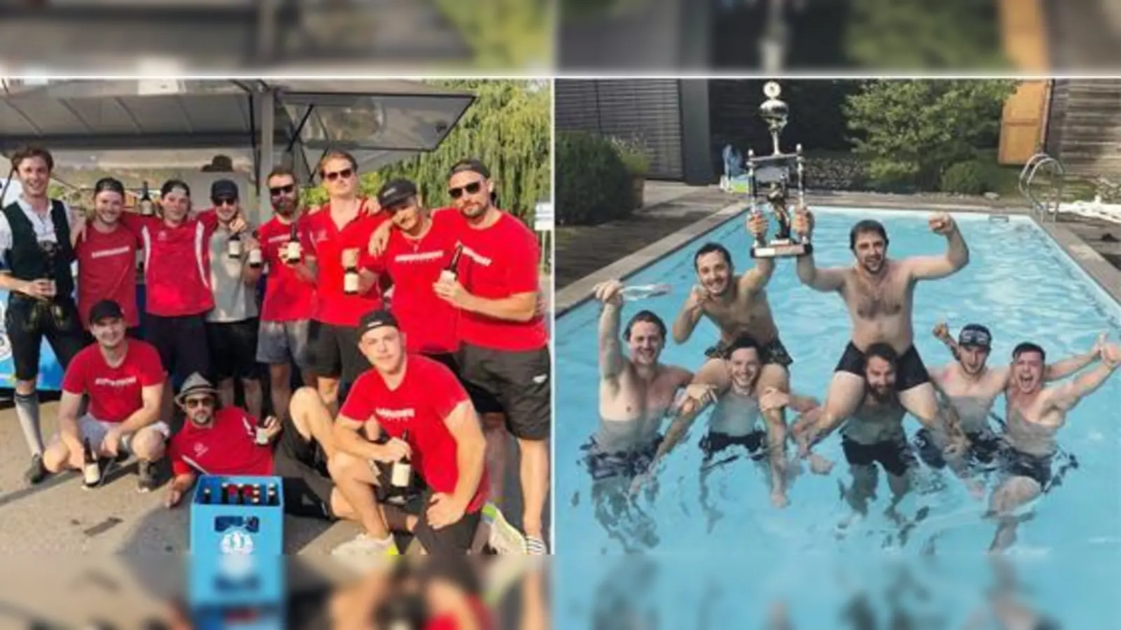 Spieler des EHC Klostersee feiern mit einem kühlen Siegerbier die gewonnene Grafinger Lebendkicker-Meisterschaft. Anschließend ging es zu einer spontanen Poolparty.	 (Fotos: EHC)